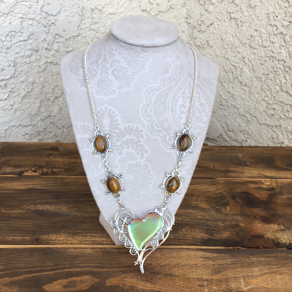 Silver Tiger Eye Opalite Heart Necklace